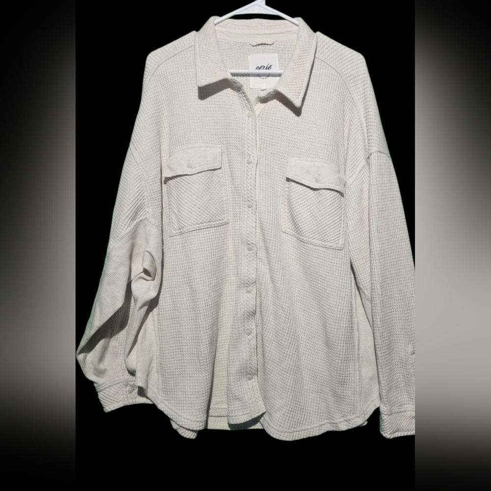 Aerie EUC Cream Waffle Knit Button-Up Shirt XL Oversized PTP 32 - Picture 2 of 5